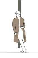 man in raincoat holding phone standing full length leaning on street pole - one line art vector