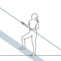 woman standing on stairs holding railing with both hands and looking up throwing head back - one line art . concept going up on escalator, career growth vector