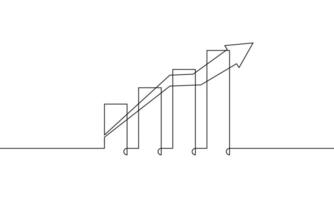 Continuous line drawing of increasing arrow up with graph. Illustration of business growth icon flat. Single line art of bar chart. object one line sign symbol vector