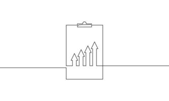 Continuous line drawing of graph. Sign symbol of clipboard. Illustration of arrow up. Single line art of bar chart. Object one line of increasing arrow. Business growth vector