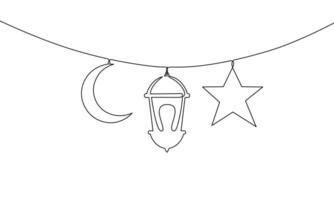 Continuous line drawing of ramadan kareem greeting card. Lantern, moon and star islamic decoration, religion symbol. Object one line, single line art, illustration vector
