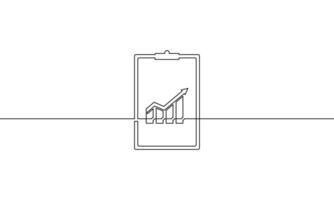 Continuous line drawing of clipboard. Hand drawn of bar chart icon. Illustration of arrow up. Single line art of graph with increasing arrow. Object one line of business growth sign symbol vector