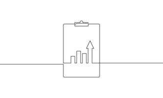 Continuous one line drawig of clipboard business growth icon. Illustration of bar chart with increasing arrow growth up. Single line art of graph sign symbol vector