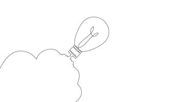 Continuous line drawing of light bulb. Flying to the space label. Technology icon, object one line, single line art, illustration vector