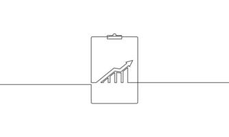 Continuous one line drawing of clipboard with graph. Illustration of bar chart. Single line art of increasing arrow up. Flat icon of business growth sign symbol vector