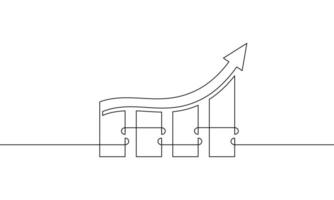 Continuous one line drawing of graph with increasing arrow up. Illustration of bar chart. Single line art of business growth. Flat icon of sign symbol vector