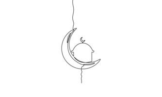 Continuous line drawing of ramadan kareem greeting card. Moon and mosque, islamic decoration, object one line, single line art, illustration vector