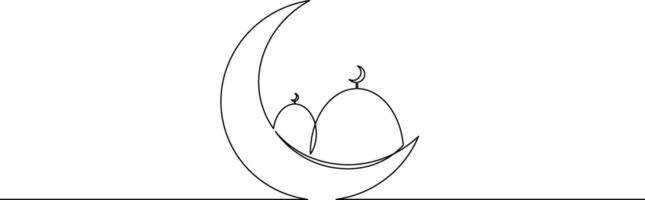 Continuous line drawing of ramadan kareem greeting card. Moon and mosque, islamic decoration, object one line, single line art, illustration vector