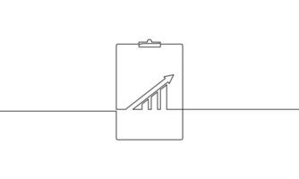 Continuous line drawing of clipboard with graph. Illustration of increasing arrow up. Single line art of bar chart. Object one line of business growth icon vector