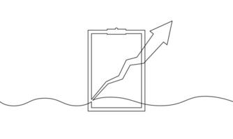 Continuous line drawing of clipbard with arrow up. business growth graph. Illustration of increasing arrow. single line art of bar chart. object one line of sign symbol vector