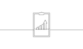 Clipboard with graph. Continuous line drawing of arrow up. Illustration of business growth. Single line art of bar chart. Object one line of increasing arrow vector