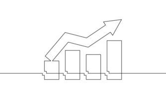Chart graph with arrow up. Continuous one line drawing of increasing arrow. Illustration of business growth. Bar chart sign symbol vector