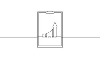 Clipboard with arrow up. Continuous one line drawing of bar chart. Business growth icon. Single line art of graph. Increasing arrow sign symbol vector