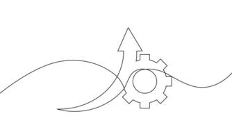 Continuous line drawing of arrow. Arrow up with gear. Cogwheel technology, bar chart, graph sign. Business growth. Object one line, single line art, illustration vector