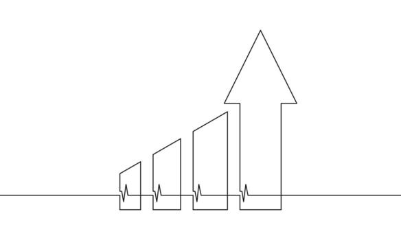 continuo uno línea dibujo crecimiento finanzas. ilustración de diagrama con flecha arriba. crecimiento negocio icono. bar gráfico firmar símbolo. soltero línea Arte de Incrementando flecha diseño vector