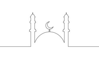 Continuous line drawing of ramadan mosque. Ramadan kareem greeting card. Eid mubarak poster and banner. Object one line, single line art, illustration vector