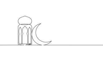 Continuous line drawing of ramadan kareem greeting card. Lantern and moon, islamic decoration. Object one line, single line art, illustration vector