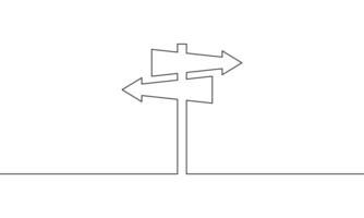 Continuous line drawing of road sign arrow. Arrows left and right. Design element, template. Object one line, single line art, illustration vector