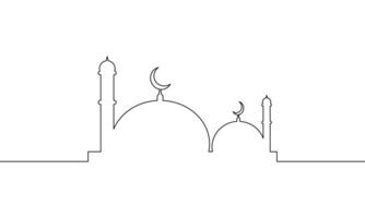 Continuous line drawing of ramadan mosque. Ramadan kareem greeting card. Eid mubarak poster and banner. Object one line, single line art, illustration vector