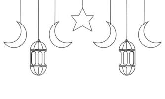Continuous line drawing of ramadan kareem greeting card. Lantern, moon and star islamic decoration. Single line art of eid mubarak. Object one line, illustration vector