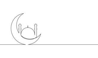 Continuous line drawing of ramadan kareem greeting card concept. Islamic decoration moon and mosque. Object one line, single line art, illustration vector