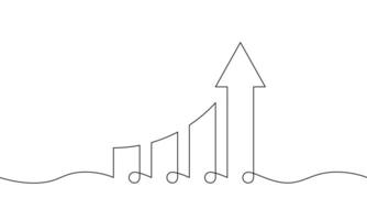 Bar chart with arrow up in continuous line drawing. Illustration of graph. Single line art of business growth. Object one line of increasing arrow vector