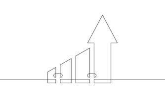 Continuous one line drawing of graph. Illustration of arrow up. Single line art of business growth. Flat icon of bar chart. Sign symbol of increasing arrow vector