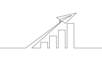 Continuous line drawing of graph business icon. Paper plane up. Bar chart, Object one line, single line art, illustration vector
