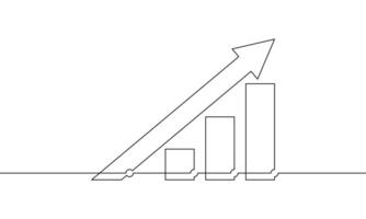 Illustration of graph. Flat icon of arrow up. Continuous one line drawing of bar chart. Single line art of increasing arrow. Business growth vector