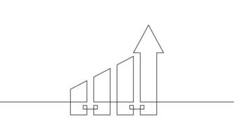 Continuous line drawing of graph. Illustration of arrow up. Single line art of bar chart. Object one line of business growth. Flat icon of increasing arrow sign symbol vector