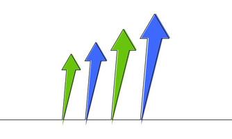 Continuous line drawing of graph icon business. Arrow up, green and blue color, growth graph, bar chart, object one line, single line art, illustration vector