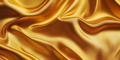 Closeup of rippled yellow, gold satin fabric texture background. Luxurious background design photo