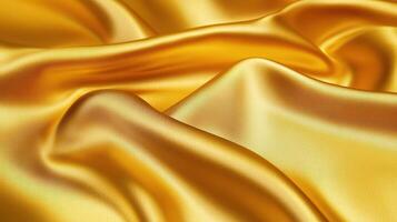 Closeup of rippled yellow, gold satin fabric texture background. Luxurious background design photo