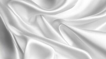 Closeup of rippled white, grey, silver satin fabric texture background. Luxurious background design photo