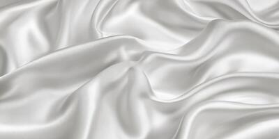 Closeup of rippled white, grey, silver satin fabric texture background. Luxurious background design photo