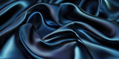 Closeup of rippled blue satin fabric texture background. Luxurious background design photo