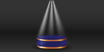 White spotlights on podium display color with black background. Modern studio, wall scene fashion, stage podium scene with for Award Ceremony. 3D rendering. vector