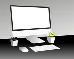 computer monitor, keyboard, mouse and plant on a gray background vector