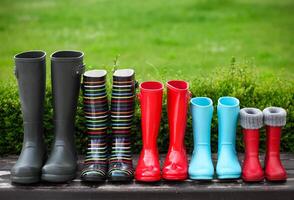 Five pairs of a colorful rain boots photo