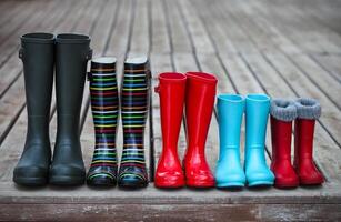 Five pairs of a colorful rain boots photo