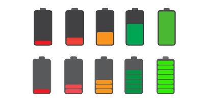 Set of vertical battery level indicators in percentage . Battery indicator symbols. 0-100 percent. vector