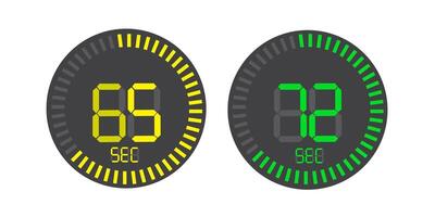 Set of timers. Full rotation arrow timer diagram from 5 second or minutes to 60. Colored flat icons. Modern illustration flat style vector