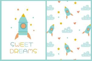 set of pattern and illustration with rocket and stars for children's collection vector