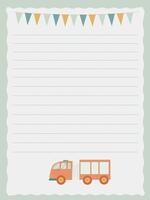 notebook page template with fire truck and flags for boy vector