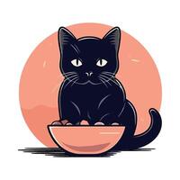 Black cat sitting in bowl with food vector