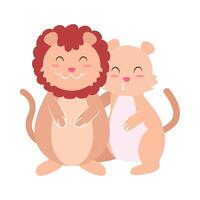 Two cute animals hugging each other, one is a lion and the other is a mouse vector