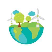 Wind turbines on the earth with trees and clouds vector