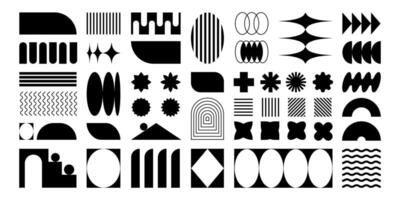 Abstract retro shapes, frames and symbols, basic brutal forms and figures in Y2K aesthetics, vintage stickers, logos, labels. Decorative design elements, illustration. vector