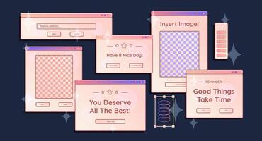 Computer screens, opened windows with short phrases and elements, loading bars. Graphic design stickers and decorations. vector