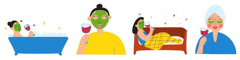 Ladies drinking wine and taking spa procedures. Flat design. Hand drawn illustrations on white background. vector